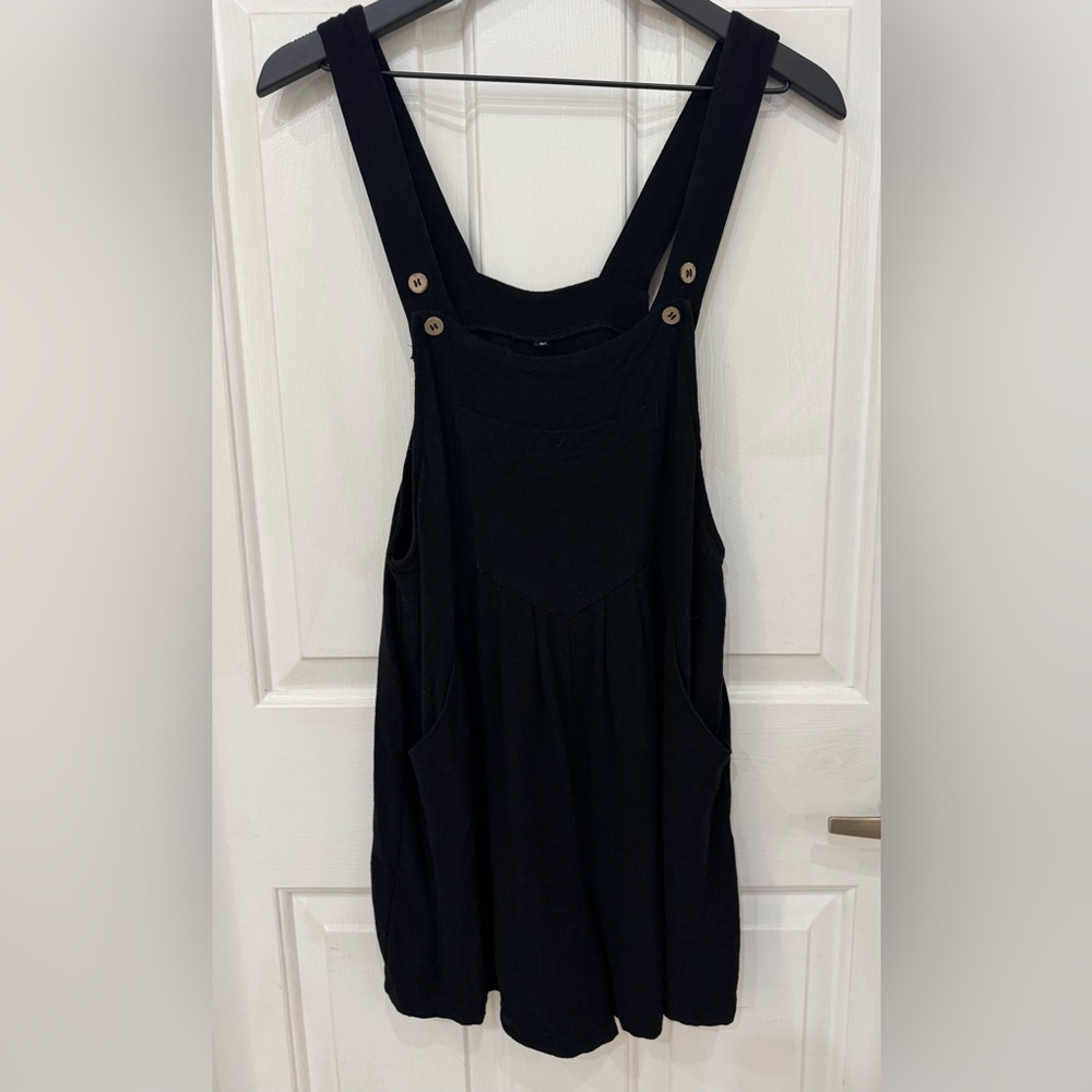 Black Overall Romper with Button Straps and Pockets
